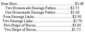 Text Box: Ham Slice.............................................................$3.40Two Homemade Sausage Patties................$2.75One Homemade Sausage Patties.................$1.60Four Sausage Links.........................................$2.90Two Sausage Links...........................................$1.70Five Strips of Bacon.......................................$3.00Two Strips of Bacon......................................$1.75 