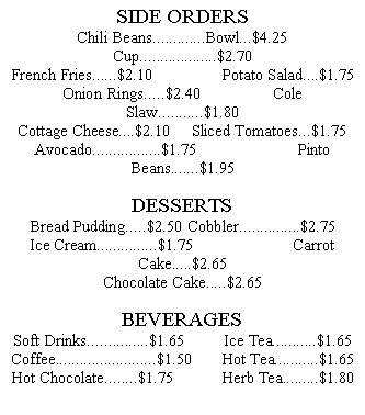 Text Box: SIDE ORDERS Chili Beans.............Bowl...$4.25     Cup...................$2.70French Fries......$2.10		Potato Salad....$1.75Onion Rings.....$2.40		Cole Slaw...........$1.80Cottage Cheese....$2.10     Sliced Tomatoes...$1.75Avocado.................$1.75		Pinto Beans.......$1.95DESSERTSBread Pudding.....$2.50	Cobbler...............$2.75Ice Cream...............$1.75		Carrot Cake.....$2.65Chocolate Cake.....$2.65BEVERAGESSoft Drinks...............$1.65	Ice Tea...........$1.65Coffee.........................$1.50	Hot Tea...........$1.65Hot Chocolate........$1.75	Herb Tea.........$1.80 